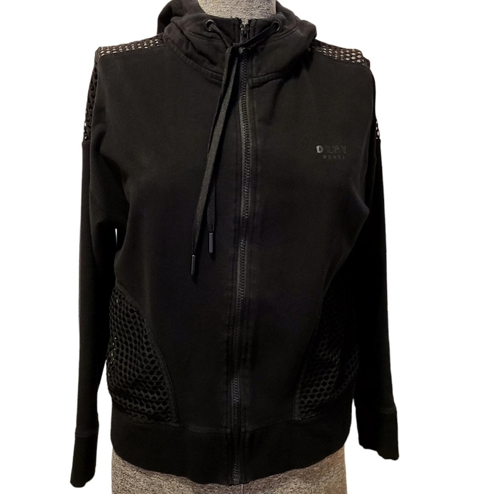 DKNY Sport Womens Black Mesh Panel Full Zip Hoodie Jacket Medium DP0J4507